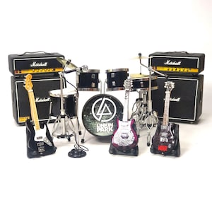 Miniature Drum Set Linkin Park 1:12 | Replica Drum Kit with Guitars Bass + Amplifier | Birthday Gift Music Desk & Shelf Display