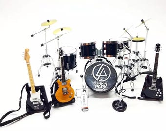 Miniature Drum Set Linkin Park 1:12 | Replica Mini Drum Kit with Guitars and Bass Handmade | Drummer Birthday Gift | Music Desk Display
