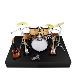 Miniature Drum Set Replica Drum Kit Pe arl with Guitars and Bass Natural Wood Gift Instrument Musical Display 1:12