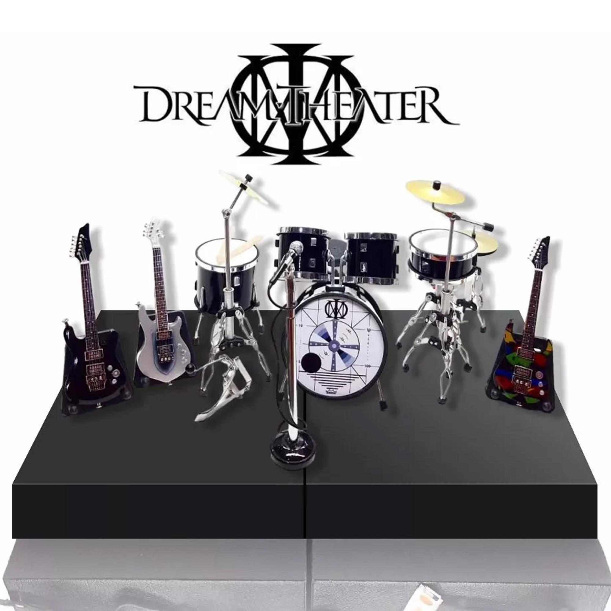 Miniature Drum Set Replica Drum Kit Dream Theater with Guitars and Bass Natural Wood Gift Instrument Music Display 1:12