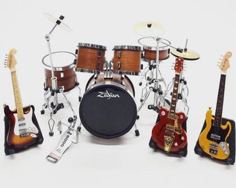 Miniature Drum Set Replica Drum Kit Zild Jian with Guitars and Bass Natural Wood Gift Instrument Music Display 1:12