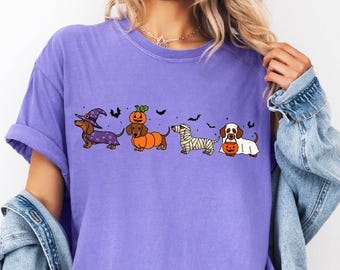 Dachshund Halloween Shirt, Halloween Hot Dog Tee, Wiener Dog Sweatshirt, Funny Sausage Dog Sweater, Trick or Treat Comfort Colors T-Shirt
