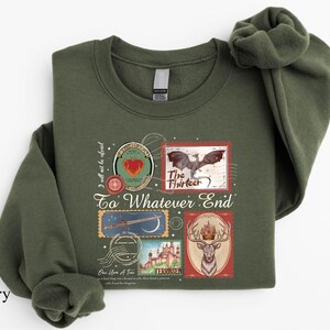 A green sweatshirt with a collage of various images and text, including a bat, a castle, and a deer, along with the text "To Whatever End" and "Military Green".