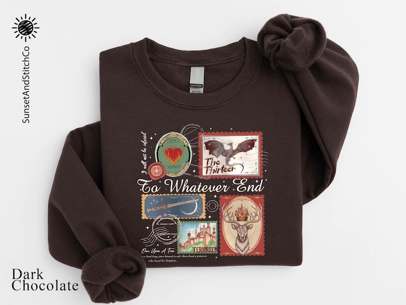 A dark brown sweatshirt with a printed design on the front, featuring various images and text related to the "To Whatever End" series.