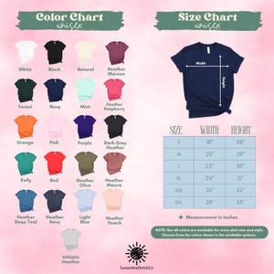 The image is a color chart and size chart for a variety of t-shirt designs, with color options and corresponding sizes listed.