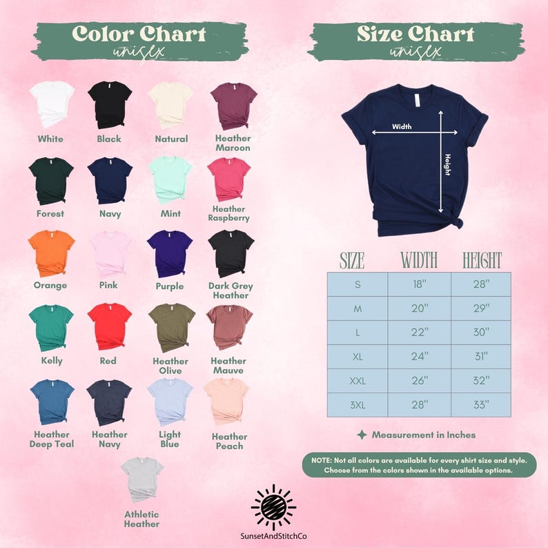 The image is a color chart and size chart for a variety of t-shirt designs, with color options and corresponding sizes listed.