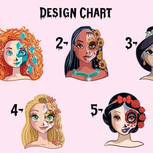 five different artistic interpretations of female characters, each with unique facial features and styles.