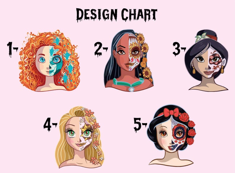 five different artistic interpretations of female characters, each with unique facial features and styles.