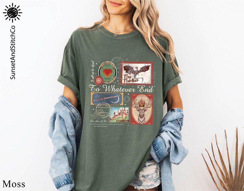 A woman wearing a green t-shirt with a collage of various images, including a bird, a castle, and a deer, along with the text "To What End" and "I will not be satisfied".