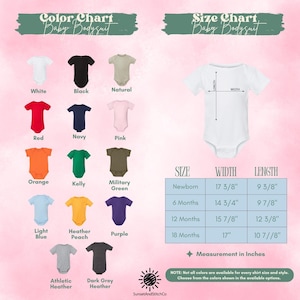 The image is a color chart and size chart for a baby bodysuit, displaying various color options and corresponding measurements.