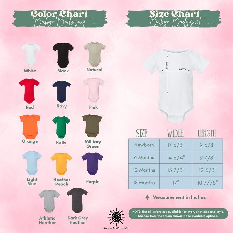 The image is a color chart and size chart for a baby bodysuit, displaying various color options and corresponding measurements.