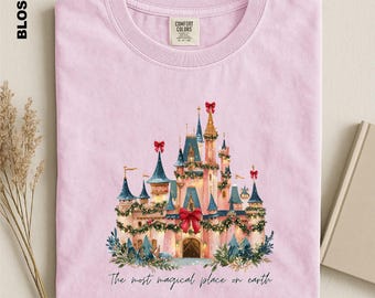 Disney Castle Christmas Comfort Colors Shirt, Most Magical Place on Earth Tee, Disneyland Holiday T-shirt, Disney World Xmas Family Sweater