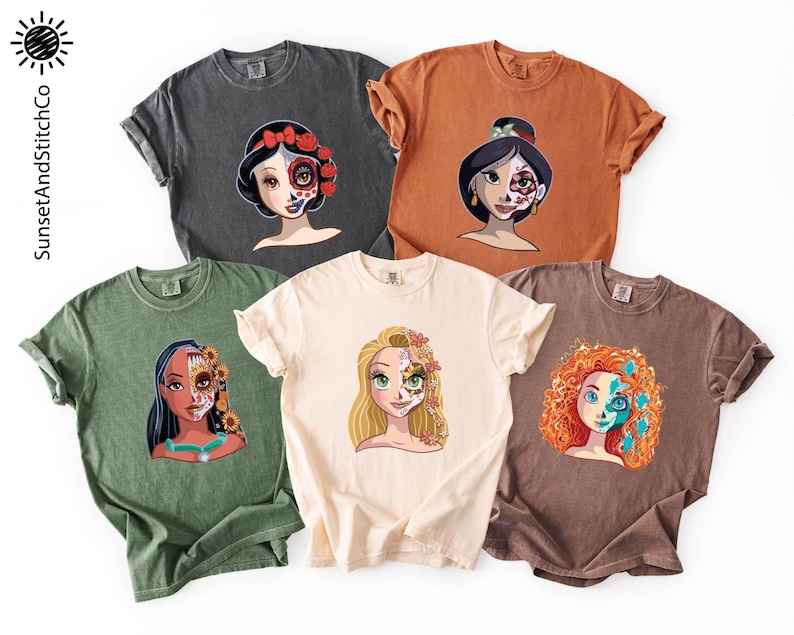 a collection of six t-shirts, each featuring a different cartoon character with unique facial features and hairstyles.