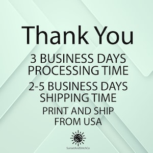 May include: Text graphic with the words "Thank You" in a bold, black font. Below, the text details processing and shipping times. The background is a light green with a geometric design. The logo for SunsetAndStitchCo is at the bottom.