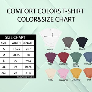 The image is a color and size chart for a t-shirt, displaying various t-shirt colors and their corresponding sizes.