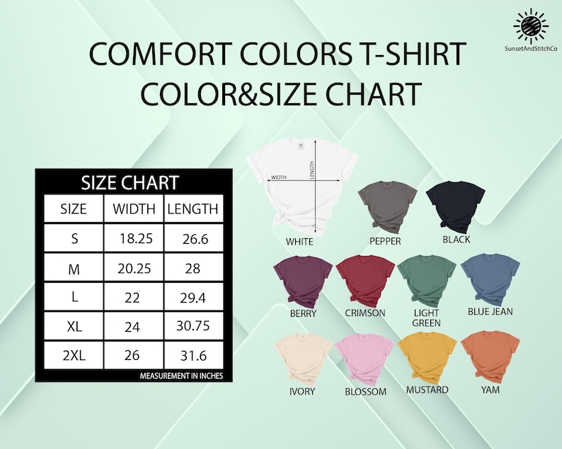The image is a color and size chart for a t-shirt, displaying various t-shirt colors and their corresponding sizes.