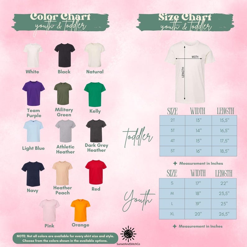 The image is a color chart and size chart for youth and toddler clothing, displaying various shirt colors and corresponding measurements for different age groups.