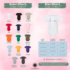 The image is a color chart and size chart for a baby bodysuit, displaying various color options and corresponding measurements.