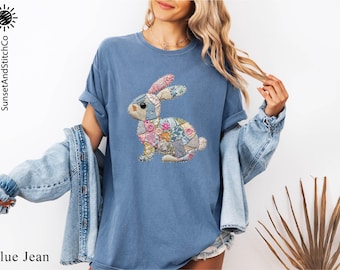 Faux Patchwork Cute Bunny Shirt, Rabbit Patchwork Sweatshirt, Easter Day Tee, Floral Bunny Sweatshirt, Animal Lover Gift, Comfort Colors Top