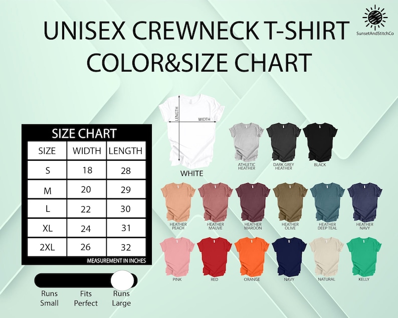 May include: A unisex crewneck t-shirt color and size chart. The chart shows measurements in inches for sizes S to 2XL. Colors include white, black, and various shades of pink, red, orange, navy, and green.