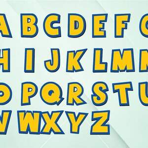 the letters of the alphabet in a stylized font, with the letters in yellow and blue colors.