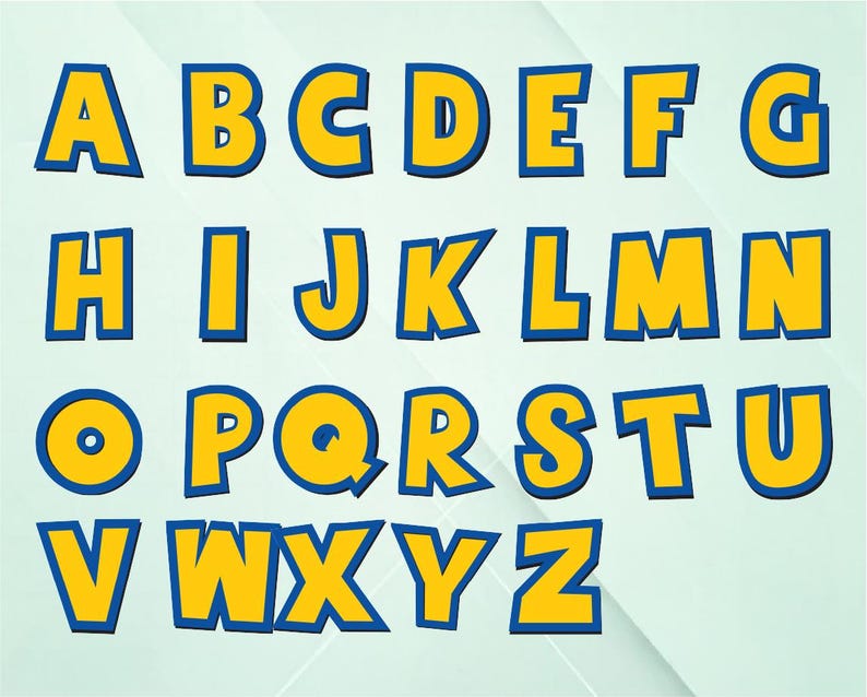 the letters of the alphabet in a stylized font, with the letters in yellow and blue colors.
