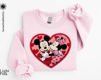 Faux Patchwork Mickey and Minnie Sweatshirt, Valentines Day Gift, Cute Heart Shirt, Disney Lovers Sweater, XOXO Sweatshirt