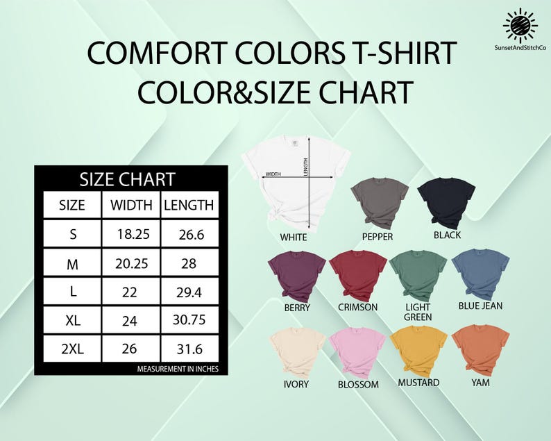 The image is a color and size chart for a t-shirt, displaying various t-shirt colors and their corresponding sizes.