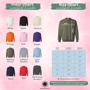 The image is a color chart and size chart for a sweatshirt and hoodie. It displays various color options and corresponding measurements for different sizes, including "S", "M", "L", "XL", "XXL", and "NS". The chart provides a visual representation of the available color choices and their corresponding measurements for customers to choose from.