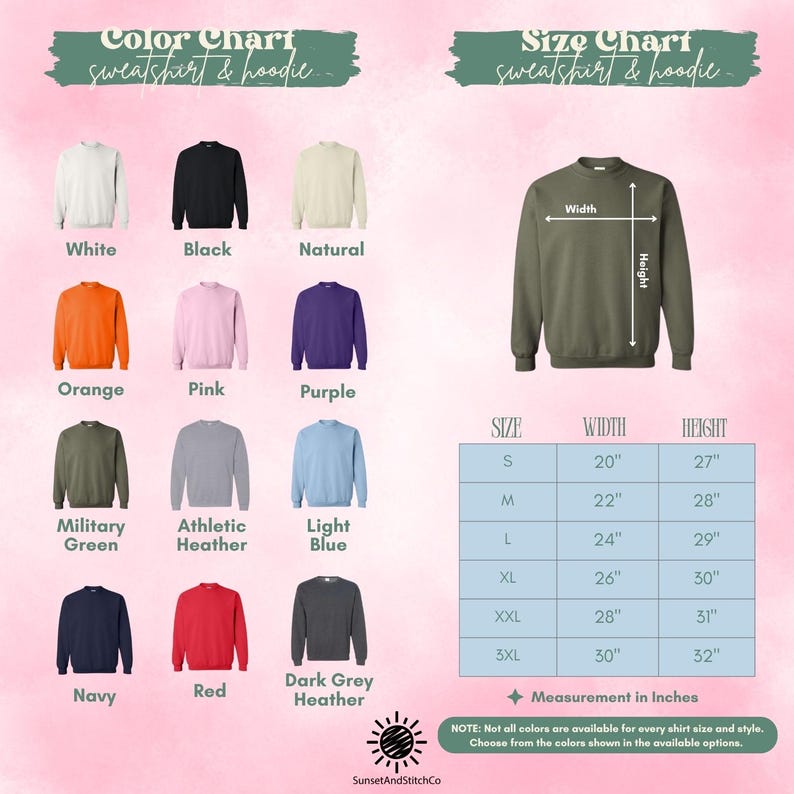 The image is a color chart and size chart for a sweatshirt and hoodie. It displays various color options and corresponding measurements for different sizes, including "S", "M", "L", "XL", "XXL", and "NS". The chart provides a visual representation of the available color choices and their corresponding measurements for customers to choose from.