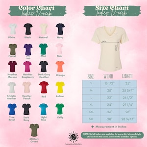 The image is a color chart and size chart for ladies' V-neck t-shirts. The chart displays various color options and corresponding measurements for each color, along with a size chart that provides the corresponding measurements for each size.