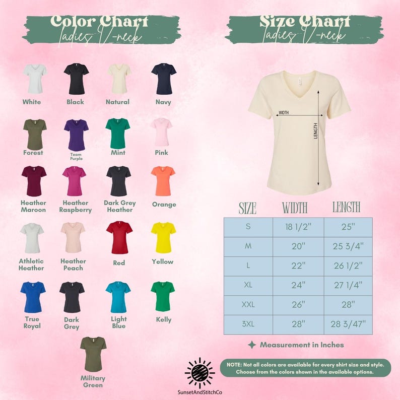 The image is a color chart and size chart for ladies' V-neck t-shirts. The chart displays various color options and corresponding measurements for each color, along with a size chart that provides the corresponding measurements for each size.