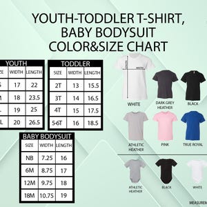 May include: A color and size chart for youth, toddler t-shirts, and baby bodysuits. The chart includes measurements in inches for various sizes, along with color options such as white, black, pink, and blue. The text "SunsetAndStitchCo" is visible.