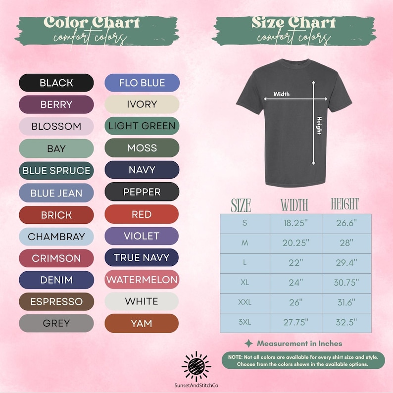 The image is a color chart and size chart for a t-shirt, providing a visual representation of different color options and corresponding measurements.