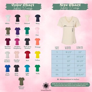 The image is a color chart and size chart for ladies' V-neck t-shirts. The chart displays various color options and corresponding measurements for each color, along with a size chart that provides the corresponding measurements for each size.
