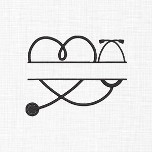 May include: Black and white line art illustration of a stethoscope and heart. The stethoscope is wrapped around the heart, forming a heart shape.