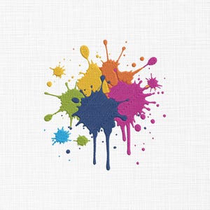 May include: A colorful paint splatter design featuring a cluster of vibrant hues. The design includes splashes of yellow, orange, pink, blue, green, and teal, with drips and splatters against a white background. This design is suitable for various craft projects.