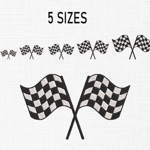 May include: Five sizes of black and white chequered racing flags. The flags are crossed at the centre and are in various sizes.