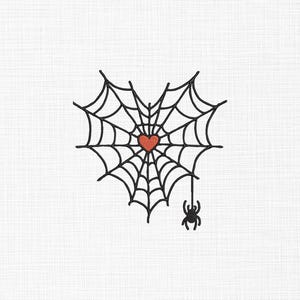 Peut inclure: Une illustration en noir et blanc d'une toile d'araignée en forme de cœur avec un cœur rouge au centre. Une araignée noire pend au bas de la toile.