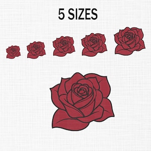 Op de afbeelding: De afbeelding toont vijf maten van een rood rozenontwerp, omlijnd in zwart. De rozen hebben gedetailleerde bloemblaadjes. De tekst "5 SIZES" staat bovenaan. De rozen zijn in een rij gerangschikt, de grootste onderaan.