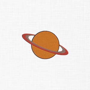 May include: A stylized illustration of a planet with rings. The planet is orange and the rings are red and gray.
