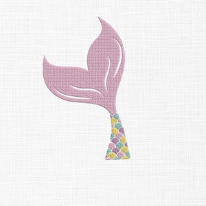 May include: A pink mermaid tail design with a textured appearance. The tail fin is a solid pink, while the base of the tail features a colorful scale pattern in shades of yellow, blue, and purple.