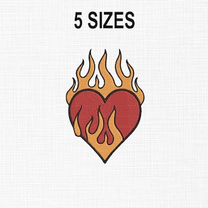 May include: A red heart with flames around it. The heart is outlined in black and the flames are orange. The image says "5 SIZES" at the top.