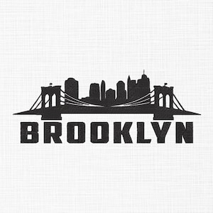 May include: Black and white silhouette of the Brooklyn Bridge and the New York City skyline with the word "BROOKLYN" in bold letters below.