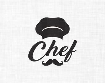 Könnte beinhalten: Schwarz-weißes Koch-Logo mit Kochmütze, dem Wort "Chef" in Schreibschrift und einem stilisierten Schnurrbart. Das Design befindet sich auf einem weißen, strukturierten Hintergrund.