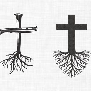 May include: Two black silhouette images of crosses with roots. The cross on the left has nails on the crossbeams. The cross on the right is a simple cross.