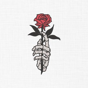 May include: A black skeletal hand holding a single red rose with green leaves.