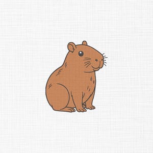 Puede incluir: Una ilustración de dibujos animados de un capibara marrón con orejas pequeñas y un hocico blanco. El capibara está sentado sobre un fondo blanco.