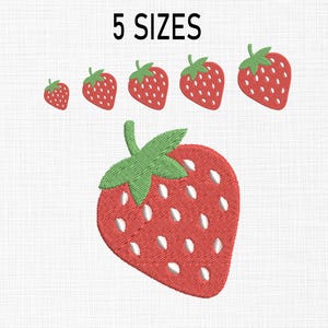 Może przedstawiać: Pięć wzorów haftu przedstawiających truskawki w różnych rozmiarach. Wzory są w kolorze czerwonym i zielonym i mają szczegółowy zarys truskawki.