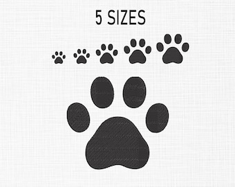 May include: Five different sizes of black paw print embroidery designs. The largest paw print is in the centre of the image.